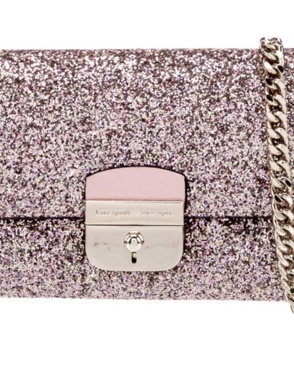 Kate Spade Milou Sunset Lane Rose Gold Glitter Wallet on Chain NWT